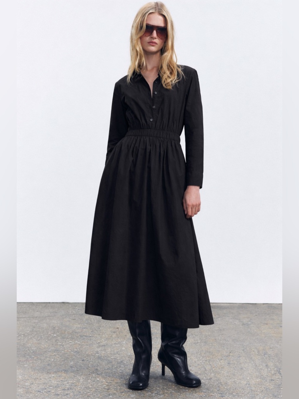 ZARA Black Poplin Shirt Dress Midi XS Minimalist
